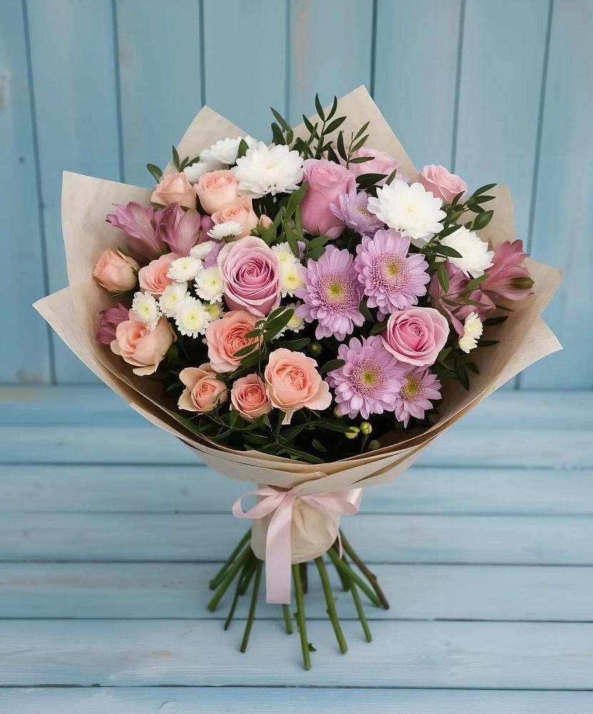 Букет цветов из: Хризантемы, Розы и Альстромерии в Сагопши