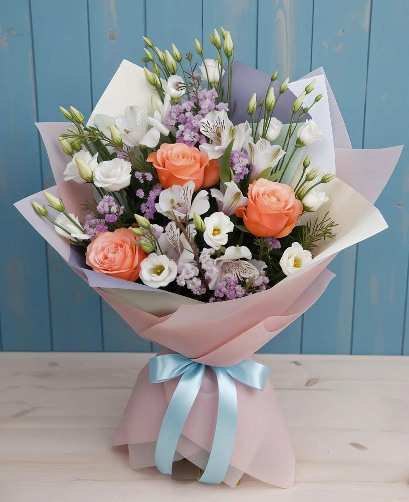 Букет цветов из: Лизиантусы, Розы, Альстромерии и Гипсофила в Сагопши