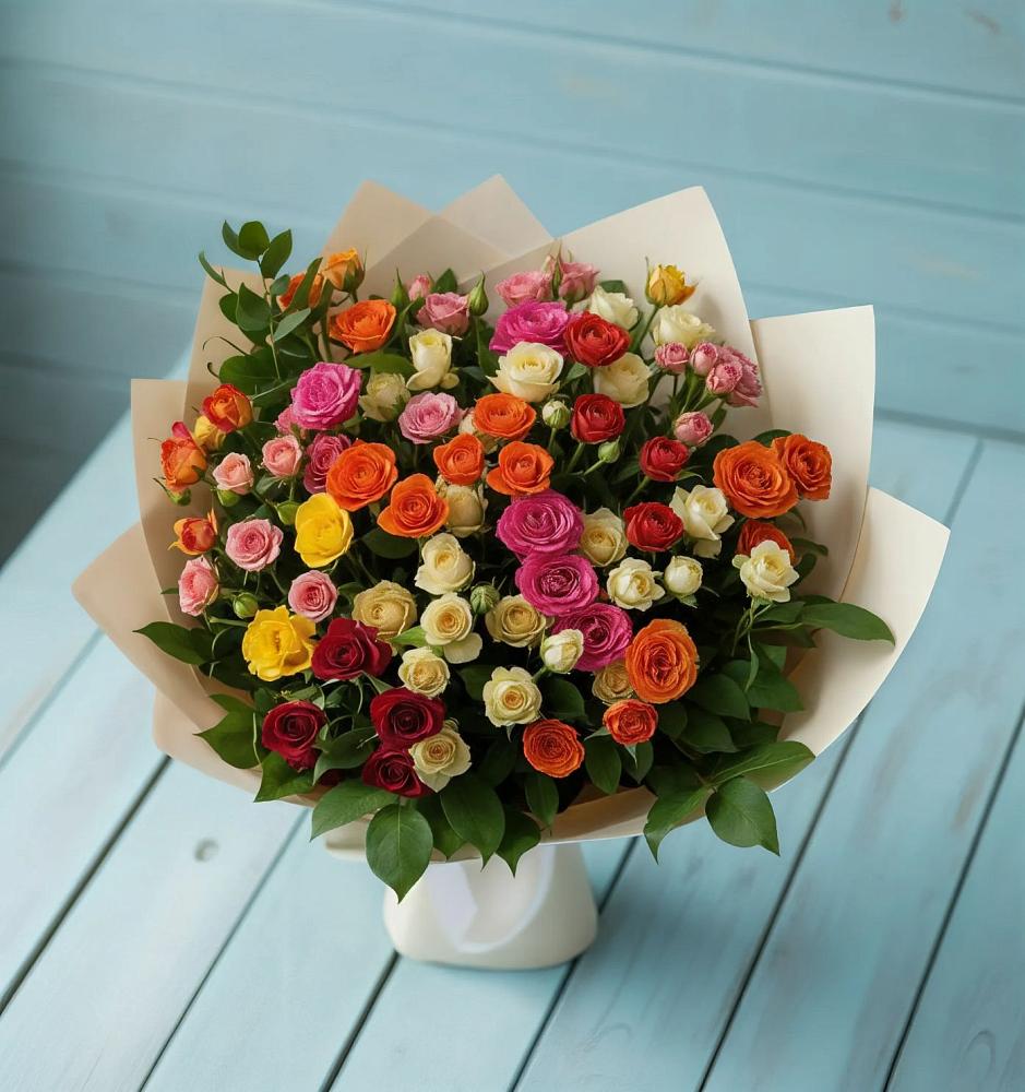 Букет Микс из разноцветных кустовых роз в Сагопши