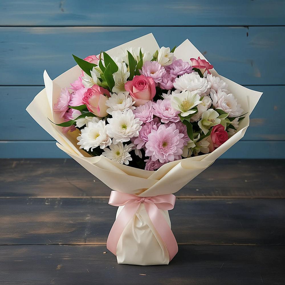 Букет цветов из: Хризантемы, Альстромерии и Розы в Сагопши